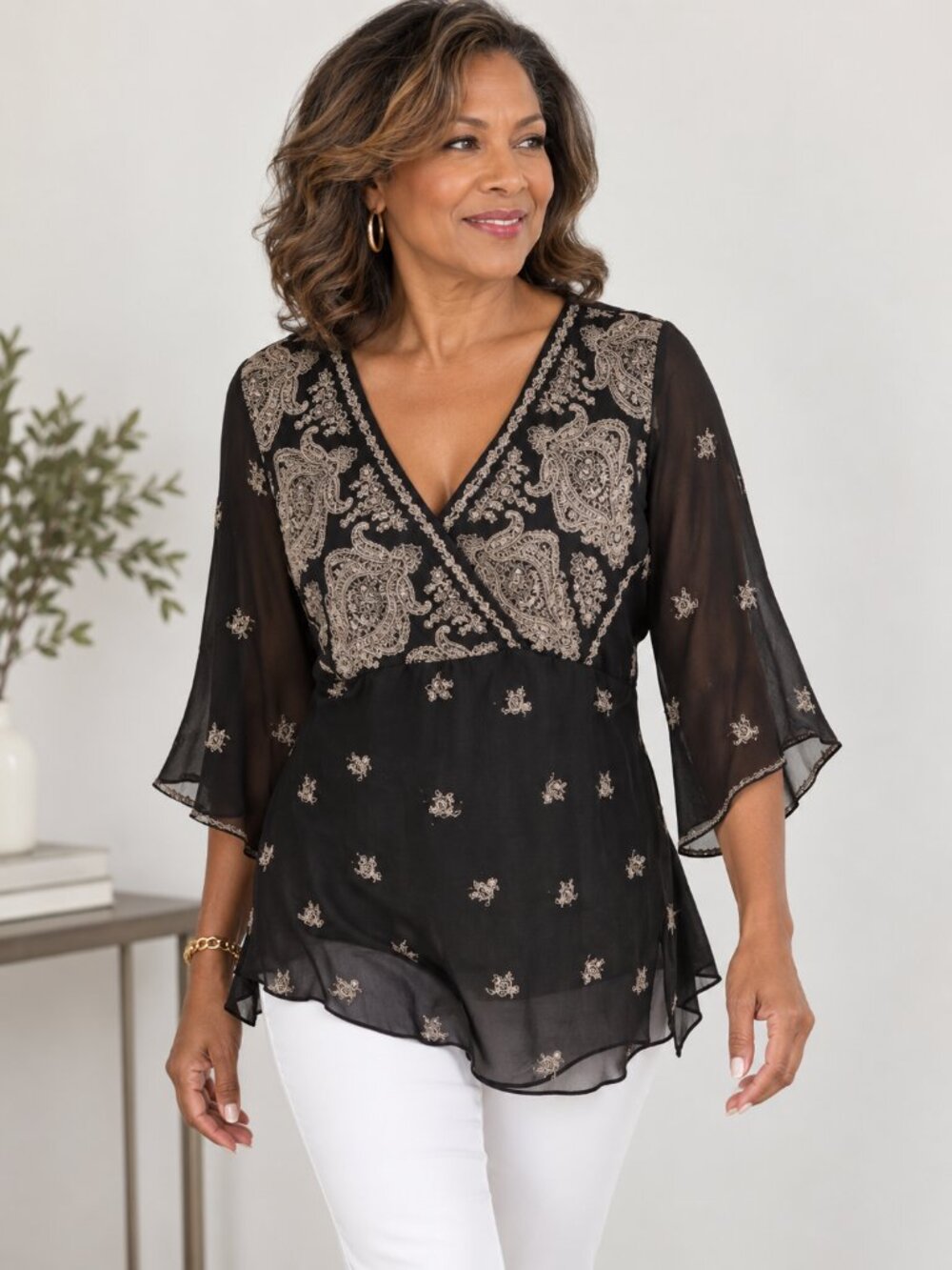 New York City Design Co Silk Paisley Sheer V Neck Blouse Boho Y2K Black Top Sz L